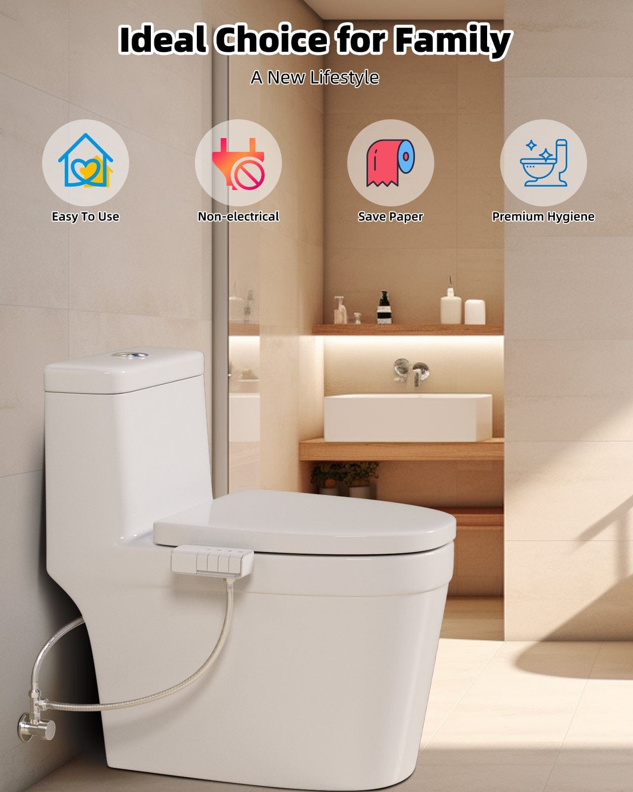 Hibbent Bidet Hibbent Bidet Attachment for Toilet, Non-Electric Dual Nozzle for Frontal & Rear Wash, Adjustable Water Pressure Control, Fresh Water Bidet Toilet Seat, Self Cleaning Water Sprayer, White