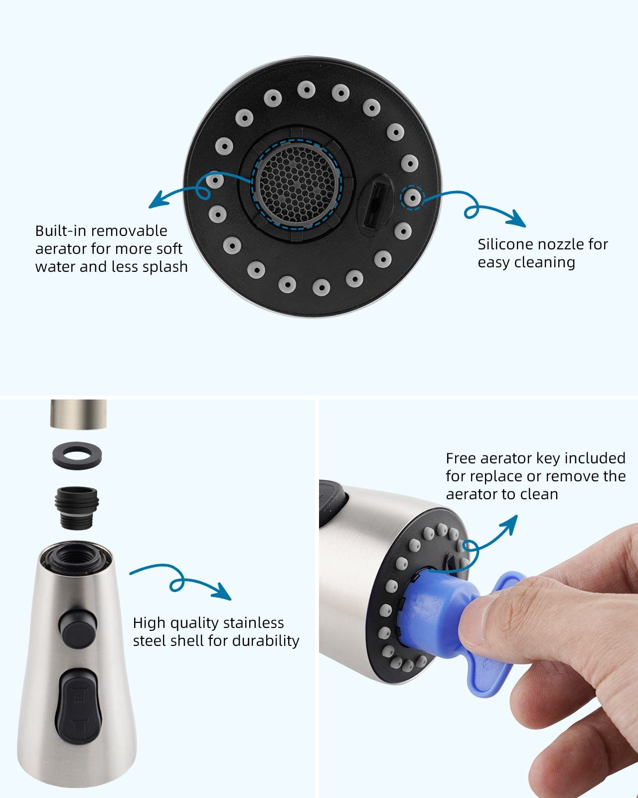 Hibbent Faucet Accessories Hibbent Stainless Steel Pull Down Spray Head Replacement with 15 Adapters, 3-Function Kitchen Faucet Sprayer Head Nozzle Compatible with Moen, American Standard, Delta, Kohler Faucet Hibbent Stainless Steel Pull Down Spray Head Replacement with 15 Adapters, 3-Function Kitchen Faucet Sprayer Head Nozzle Compatible with Moen, American Standard, Delta, Kohler Faucet