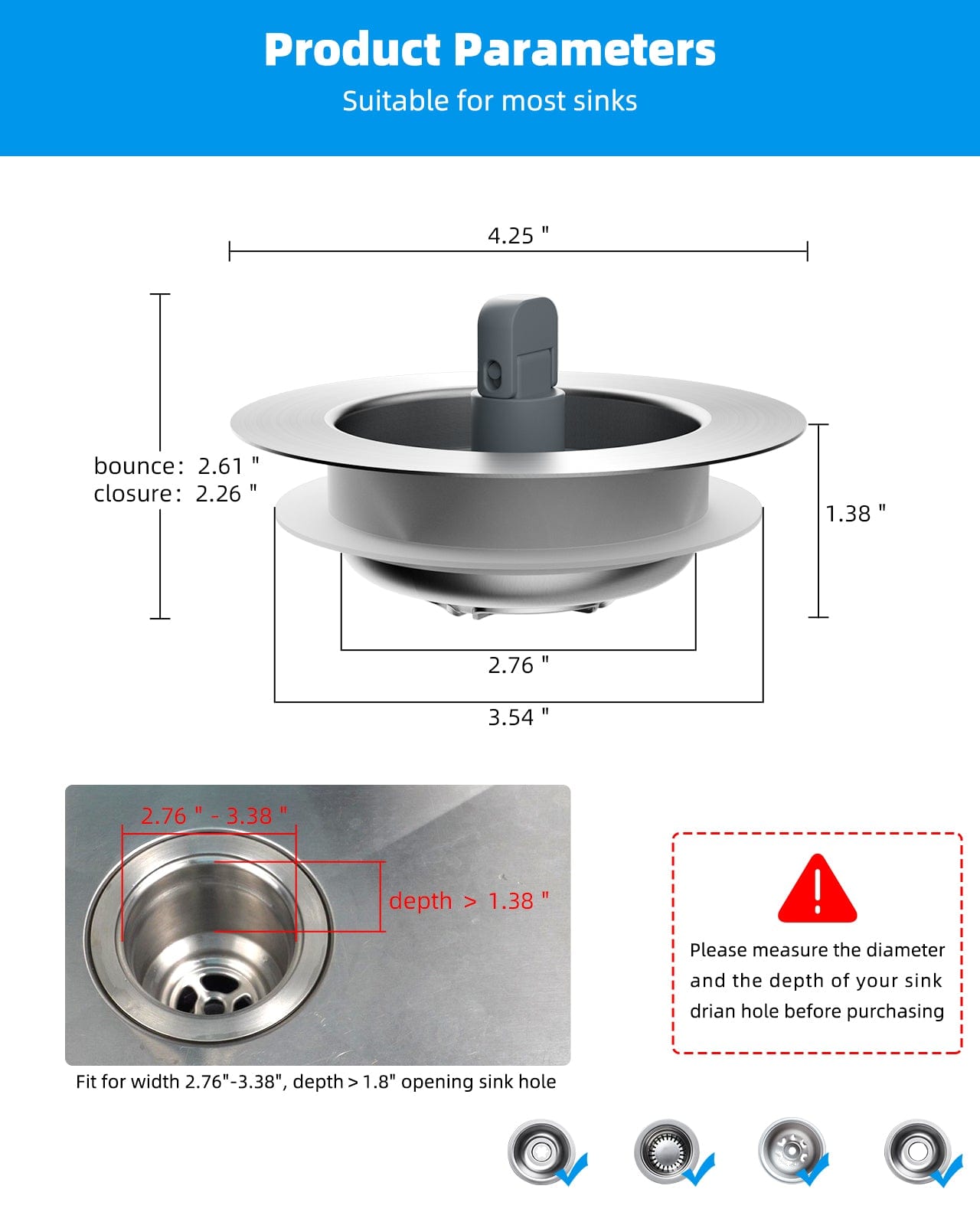 Hibbent Faucet Aerator Hibbent Upgraded 3 in 1 Universal Kitchen Sink Drain Strainer and Stopper Combo, Stainless Steel Metal Pop Up Stopper, Anti-Clogging Basket Strainer with Foldable Handle for Standard 3-1/2'' Drain