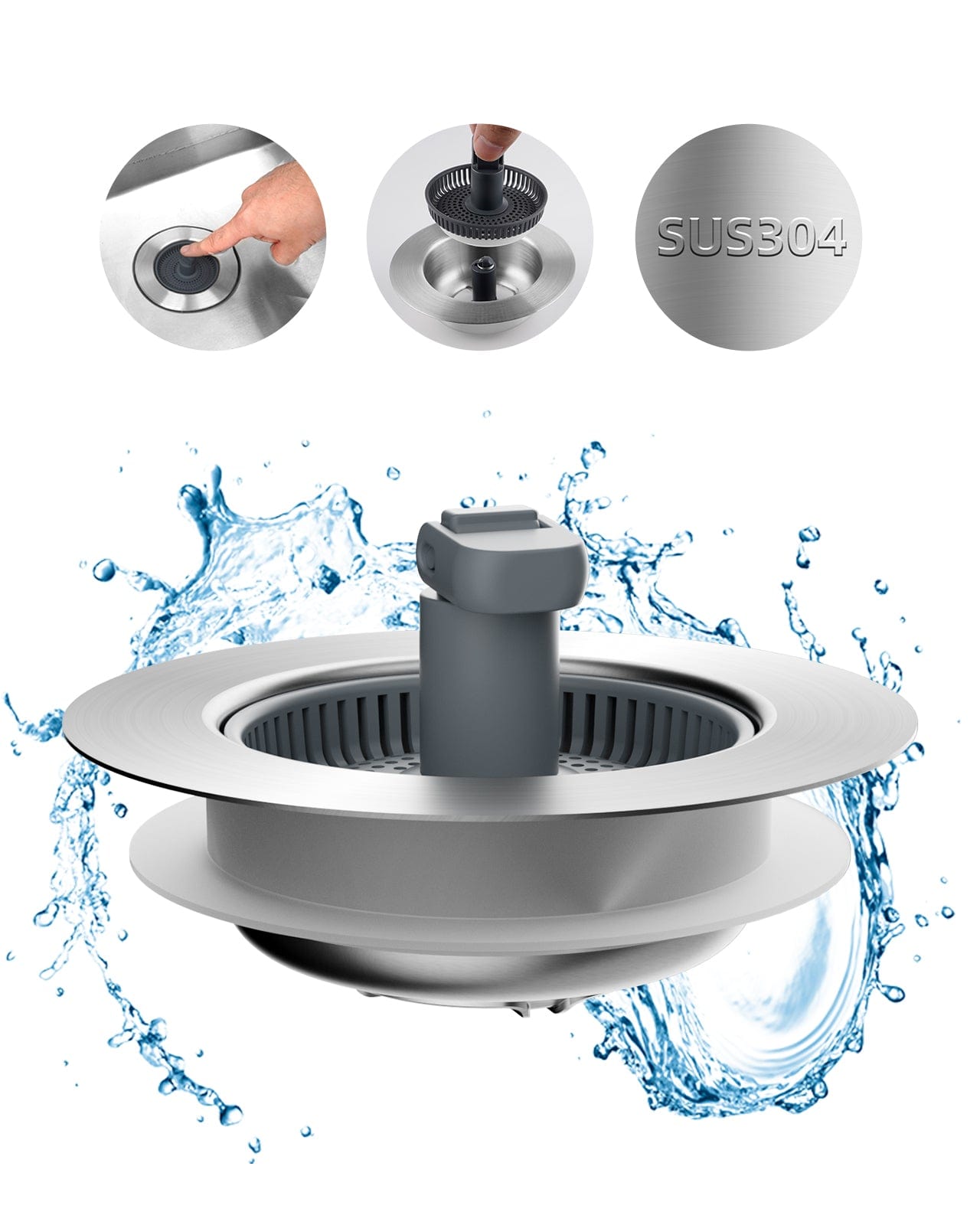 Hibbent Faucet Aerator Hibbent Upgraded 3 in 1 Universal Kitchen Sink Drain Strainer and Stopper Combo, Stainless Steel Metal Pop Up Stopper, Anti-Clogging Basket Strainer with Foldable Handle for Standard 3-1/2'' Drain