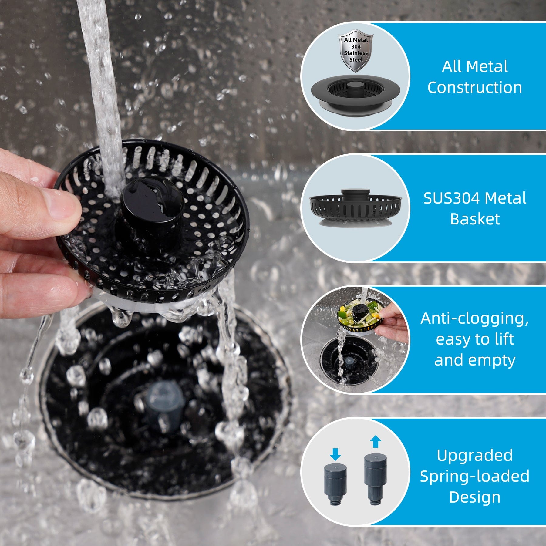 Hibbent Hibbent All Metal Stainless Steel 3 in 1 Kitchen Sink Drain Strainer for US Standard 3-1/2" Drain, Black Hibbent All Metal Stainless Steel 3 in 1 Kitchen Sink Drain Strainer for US Standard 3-1/2" Drain, Black