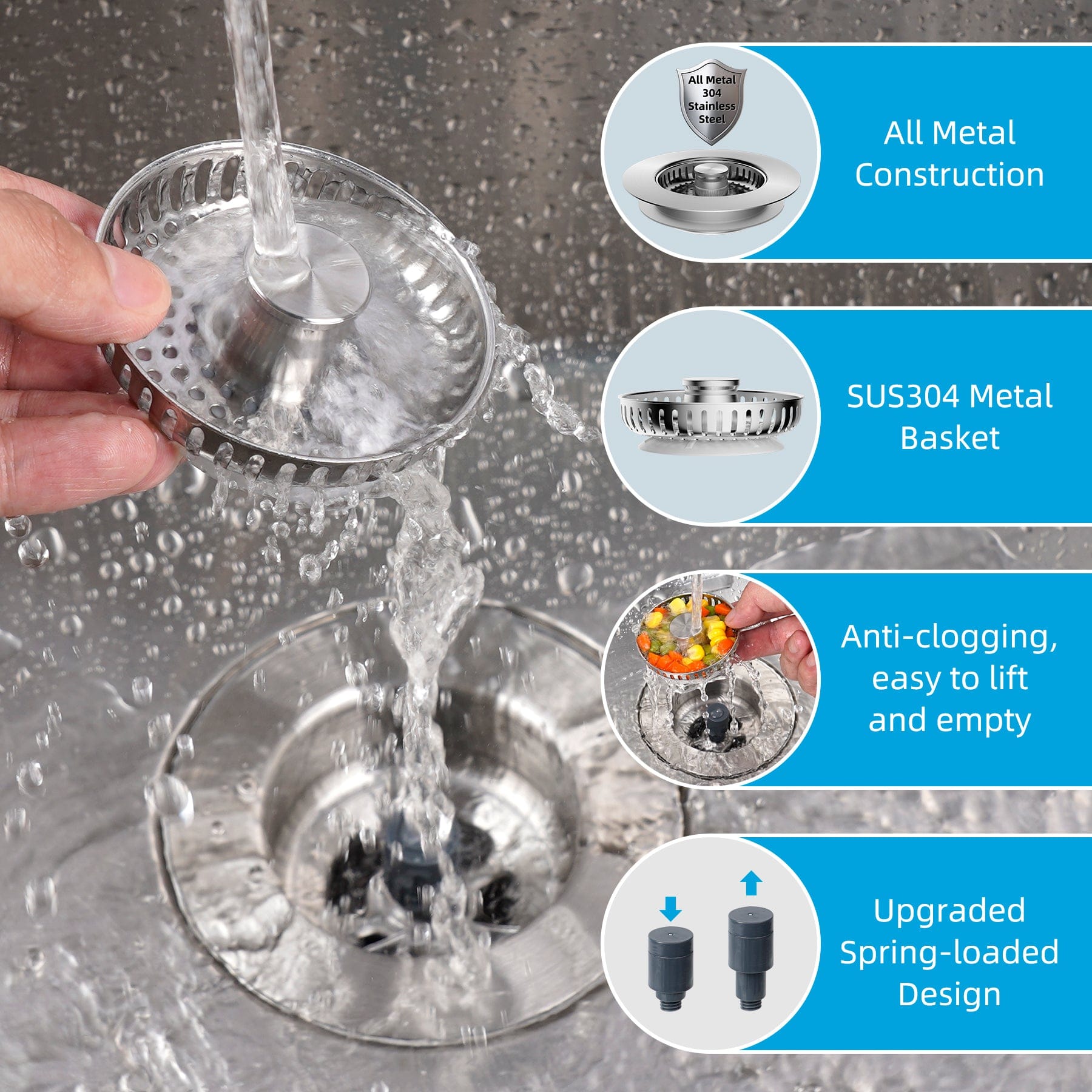 Hibbent Hibbent All Metal Stainless Steel 3 in 1 Kitchen Sink Drain Strainer, Upgraded Anti-Rust Sink Stop Combo, Anti-Clogging Stainless Steel Basket Strainer with Metal Handle for US Standard 3-1/2" Drain