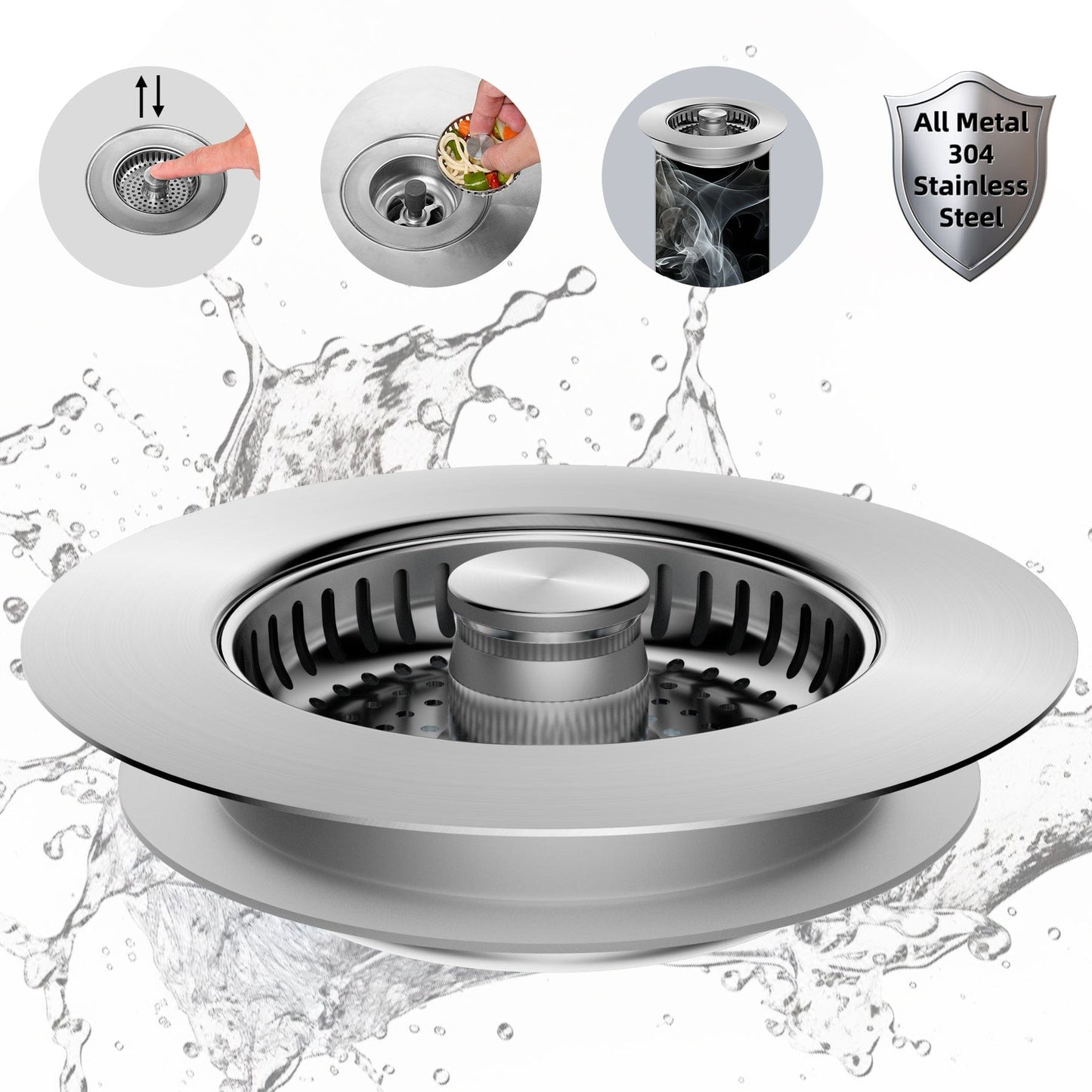 Hibbent Hibbent All Metal Stainless Steel 3 in 1 Kitchen Sink Drain Strainer, Upgraded Anti-Rust Sink Stop Combo, Anti-Clogging Stainless Steel Basket Strainer with Metal Handle for US Standard 3-1/2" Drain