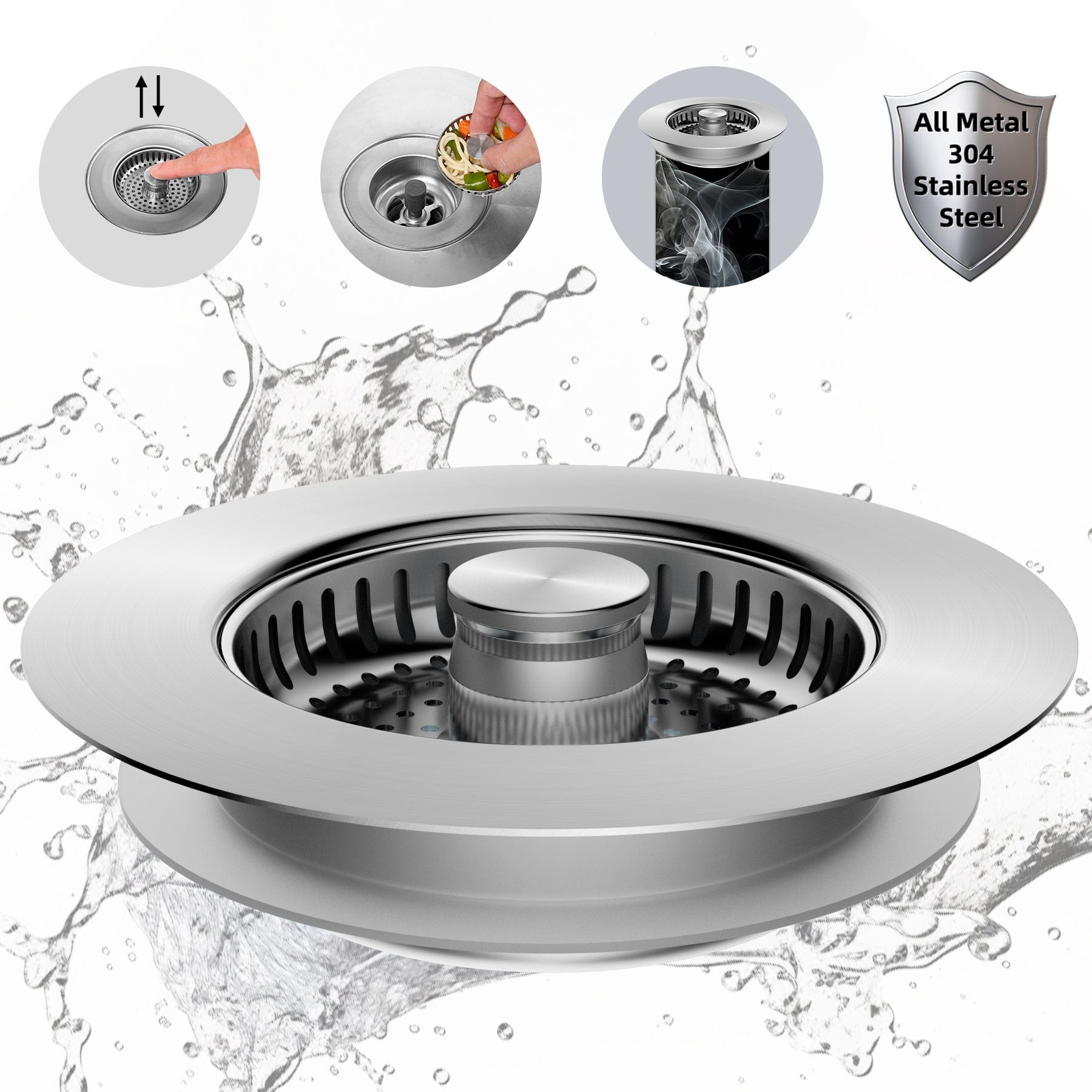 Hibbent Hibbent All Metal Stainless Steel 3 in 1 Kitchen Sink Drain Strainer, Upgraded Anti-Rust Sink Stop Combo, Anti-Clogging Stainless Steel Basket Strainer with Metal Handle for US Standard 3-1/2" Drain