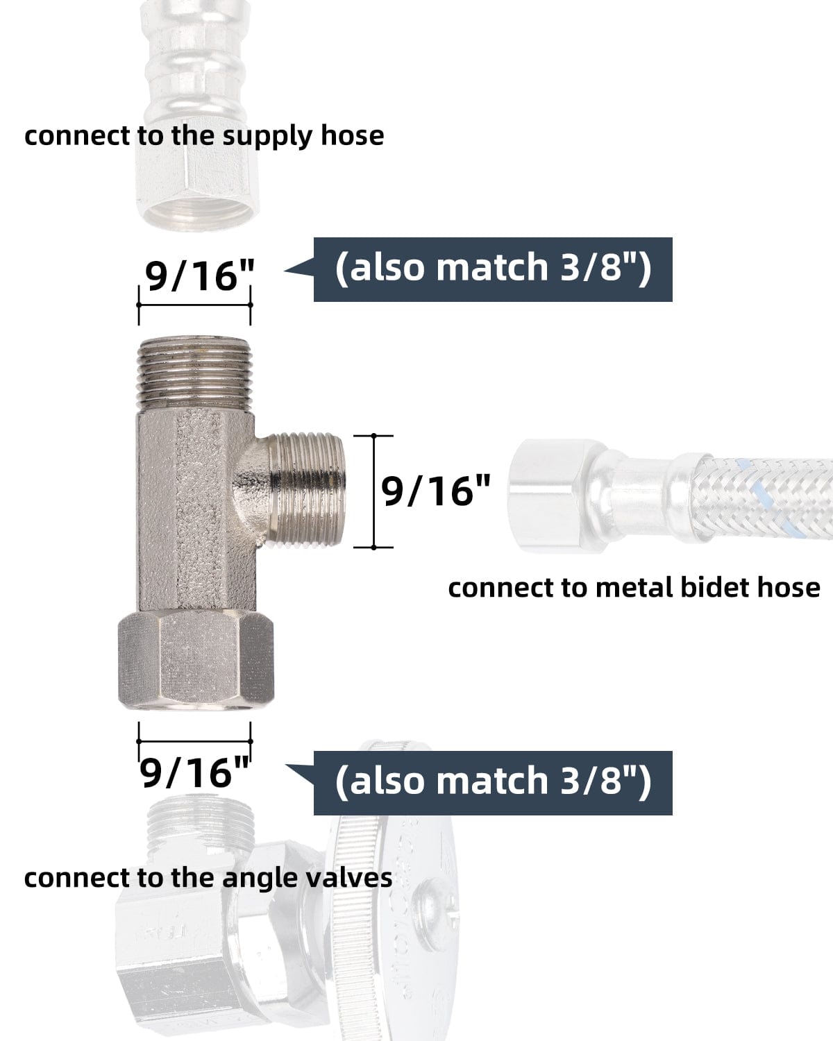 Hibbent Hibbent Bidet T Adapter, Metal T Valve for Bidet(3/8” x 3/8” x 3/8”), 3 Way Tee Connector Bidet Attachment for Toilet