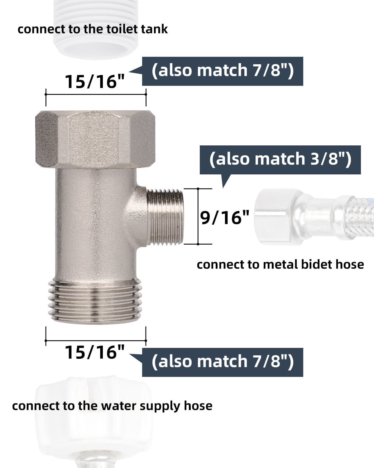 Hibbent Hibbent Bidet T Adapter, Metal T Valve for Bidet(7/8” x 7/8” x 3/8”), 3 Way Tee Connector Bidet Attachment for Toilet