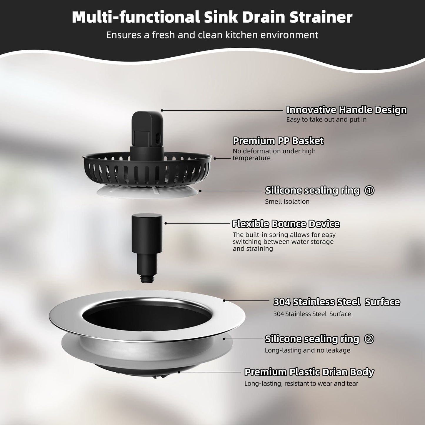 Hibbent Hibbent Universal 3 in 1 Kitchen Sink Drain Strainer with Sink Stopper, Fit for US Standard 3-1/2" Drain, Black Hibbent Universal 3 in 1 Kitchen Sink Drain Strainer with Sink Stopper, Fit for US Standard 3-1/2" Drain, Black