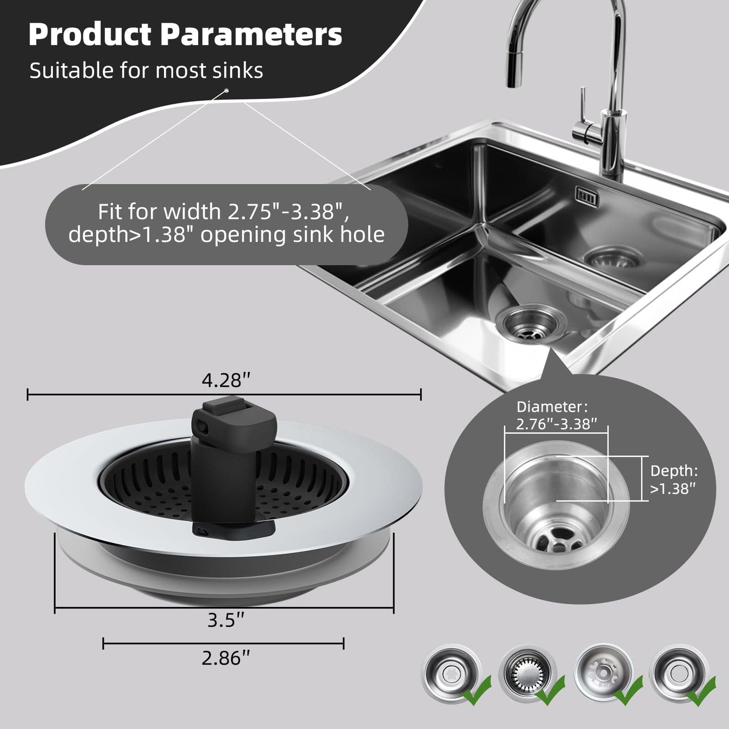 Hibbent Hibbent Universal 3 in 1 Kitchen Sink Drain Strainer with Sink Stopper, Fit for US Standard 3-1/2" Drain, Black Hibbent Universal 3 in 1 Kitchen Sink Drain Strainer with Sink Stopper, Fit for US Standard 3-1/2" Drain, Black