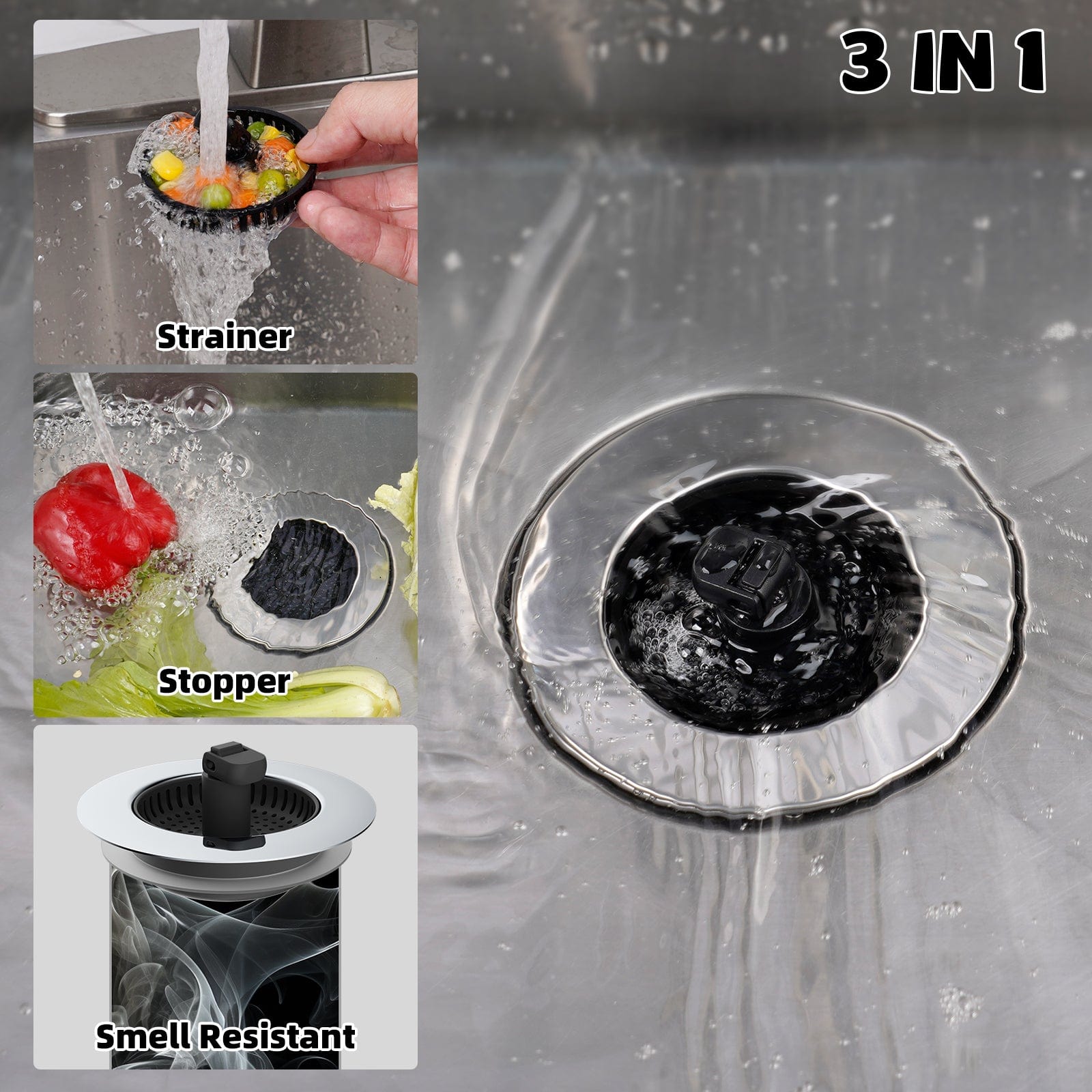 Hibbent Hibbent Universal 3 in 1 Kitchen Sink Drain Strainer with Sink Stopper, Fit for US Standard 3-1/2" Drain, Black Hibbent Universal 3 in 1 Kitchen Sink Drain Strainer with Sink Stopper, Fit for US Standard 3-1/2" Drain, Black